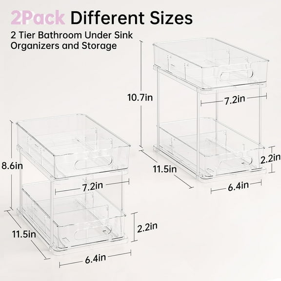 2 Pack -Lock Under Sink Organizer, 2 Tier Pull Out Storage Cabinet for Bathroom, Kitchen, Pantry