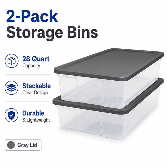 2-Pack Snaplock Clear Plastic Storage Organizer Bins with Lids, 28 Quart Stackable Container Boxes for Bedroom, Bathroom, Garage, Closet, and Office Organization