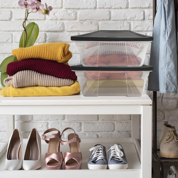 2-Pack Snaplock Large Clear Plastic Storage Organizer Bins w/Lids, 41 Quart, Gray - Stackable Container Boxes for Bedroom Bathroom Garage and Office Organization