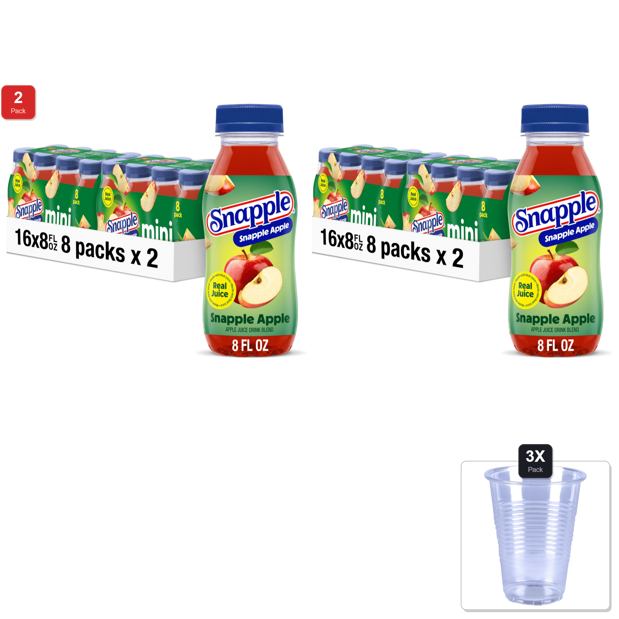 2 Pack | Snapple Apple Juice Drink, 8 Fl Oz Mini Bottle, 16 Pack (2 Packs Of 8) & 3x Disposable Cup