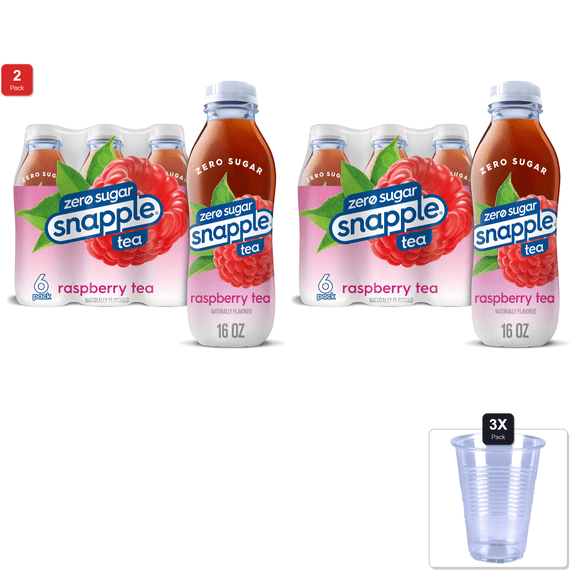 2 Pack | Snapple Zero Sugar Raspberry Tea, 16 Fl Oz Recycled Plastic Bottle, 6 Pack & 3x Disposable Cup