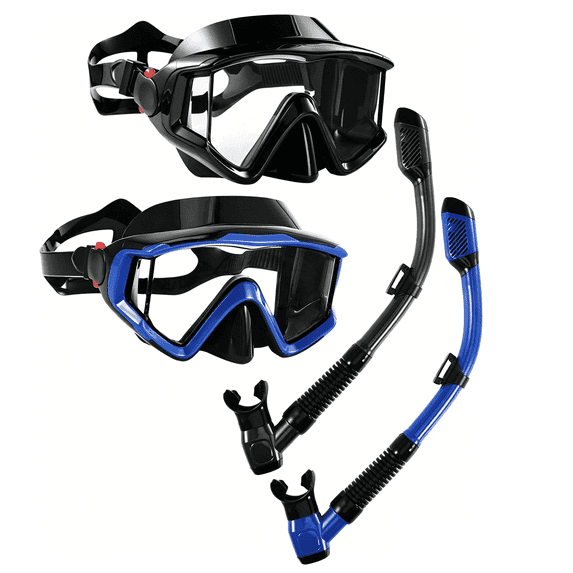 AEGEND 2 Pack Snorkeling Gear for Adults, Diving Mask with Anti-Leak Dry-Top Snorkel Set, Anti-Fog Panoramic Wide View with Mesh Bag for Swimming Travel, Black & Navy Blue