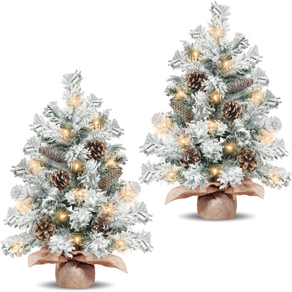 2 Pack Snow Flocked Small Christmas Tree with Lights Timer, Artificial Tabletop Mini Christmas Trees Battery Operated 30 Warm Lights 8 Pinecones Burlap Base Xmas Holiday Decor Indoor Home Room