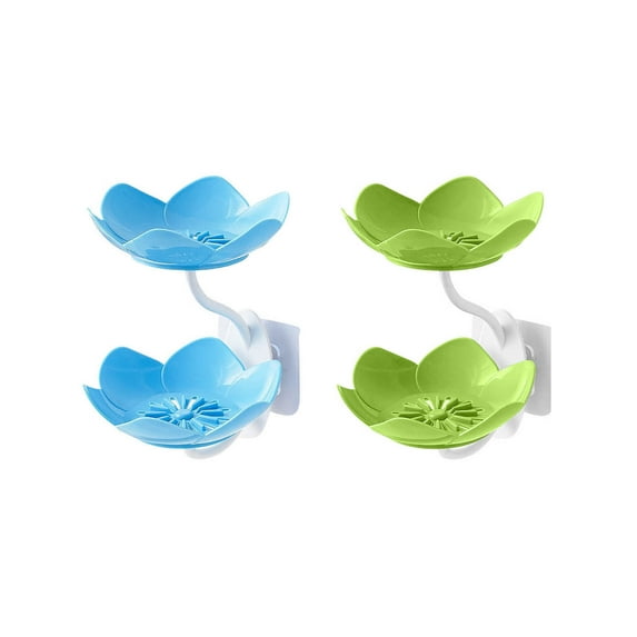 2 Pack Soap Dish Holder for Shower Double Layer Cute Lotus Shape Adhesive Tray Razor Wall Mounted Shampoo NO-Drilling Self Draining Cup Saver Caddy Rack Bar Bathroom Bathtub Kitchen, Blue+Green