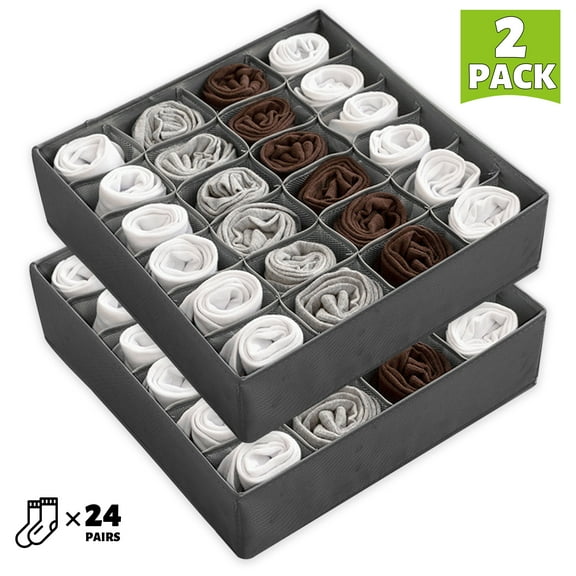 2 Pack Sock Underwear Organizer Dividers, 48 Cell Drawer Organizers Fabric Foldable Cabinet Closet Organizers and Storage Boxes for Storing Socks, Underwear, Ties (Gray)