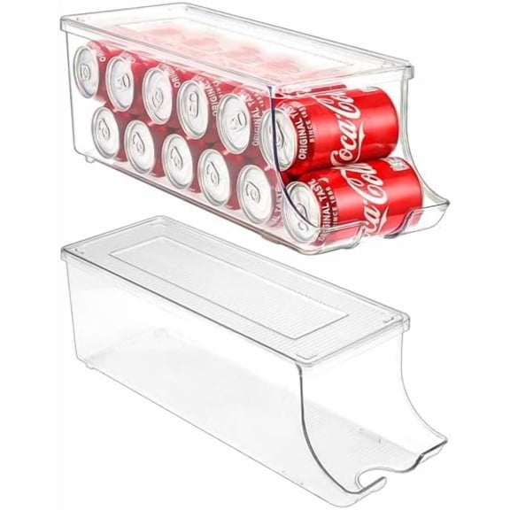 2 Pack Soda Can Organizer Dispenser for Refrigerator, Plastic Canned Food Pop Beverage Container Holder Storage Bin with Lid for Freezer Rack Pantry Cabinet Cupboard Kitchen -Standard