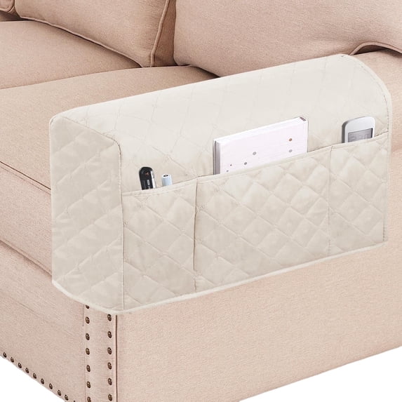 2 Pack Waterproof Armrest Covers Couch for Chairs and Sofas Couch Arm Covers with Side Pocket, Non-Slip Armrest Protectors Washable Armrest Slipcover (Beige)