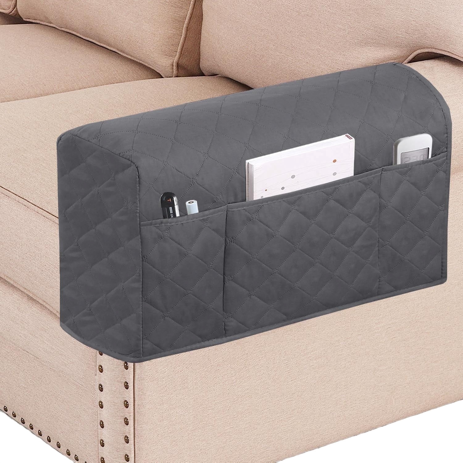 2 Pack Waterproof Armrest Covers Couch for Chairs and Sofas Couch Arm Covers with Side Pocket, Non-Slip Armrest Protectors Washable Armrest Slipcover (Gray)