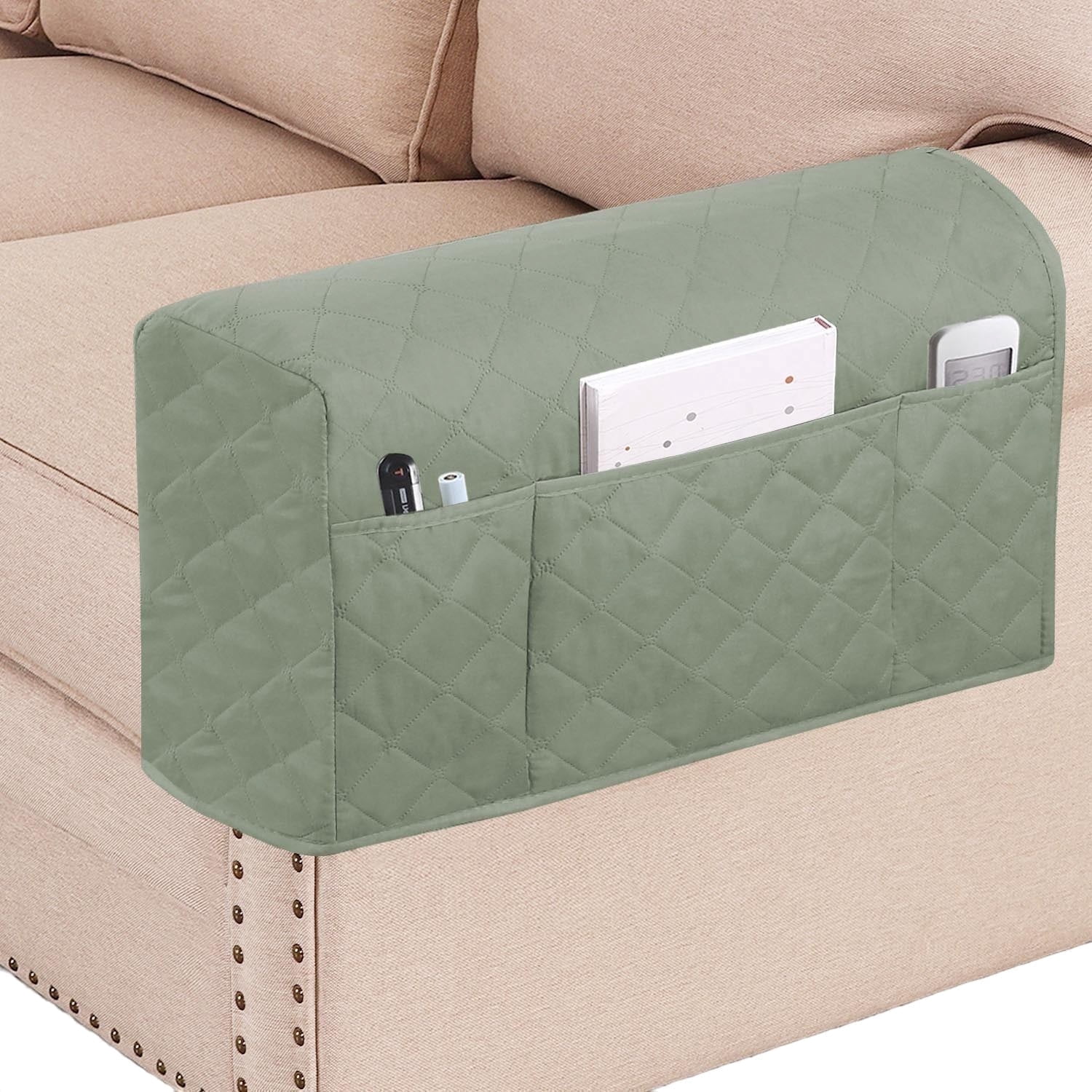 2 Pack Waterproof Armrest Covers Couch for Chairs and Sofas Couch Arm Covers with Side Pocket, Non-Slip Armrest Protectors Washable Armrest Slipcover (Green)