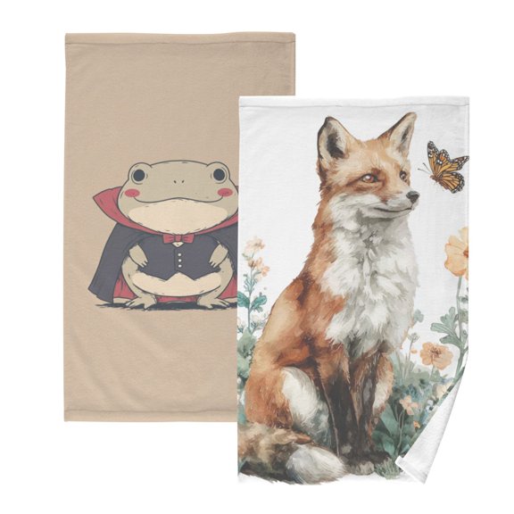 2-Pack Soft 100% Cotton & Highly Absorbent Bath Towel 2 Defferent Pattern Designs A Cute Frog A Fox