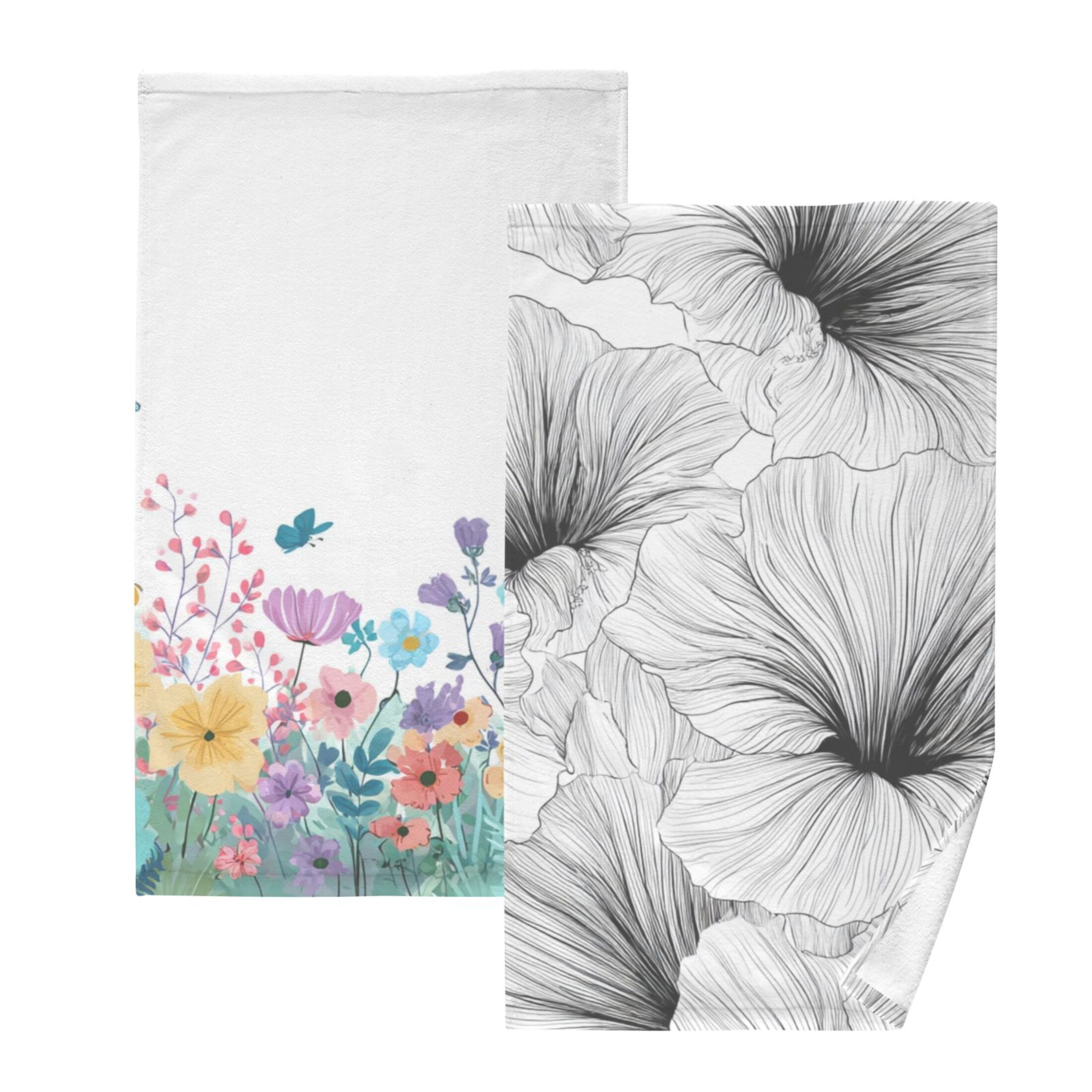 2-Pack Soft 100% Cotton & Highly Absorbent Bath Towel 2 Defferent Pattern Designs Colorful Flowers and Butterflies Black and White Line Art