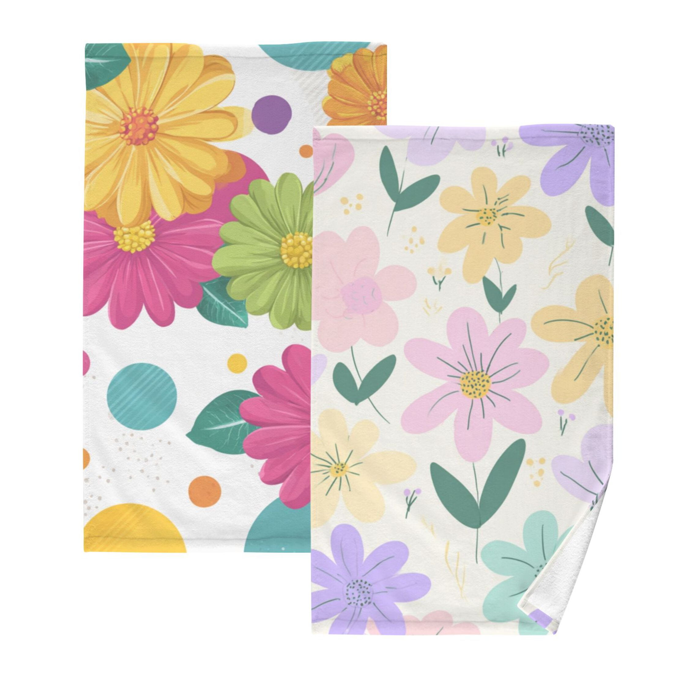2-Pack Soft 100% Cotton & Highly Absorbent Bath Towel 2 Defferent Pattern Designs Colorful Fowers Colorful Spring Flowers
