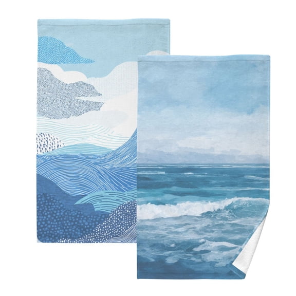 2-Pack Soft 100% Cotton & Highly Absorbent Bath Towel 2 Defferent Pattern Designs Hand Drawn Doodle Pattern Ocean Waves