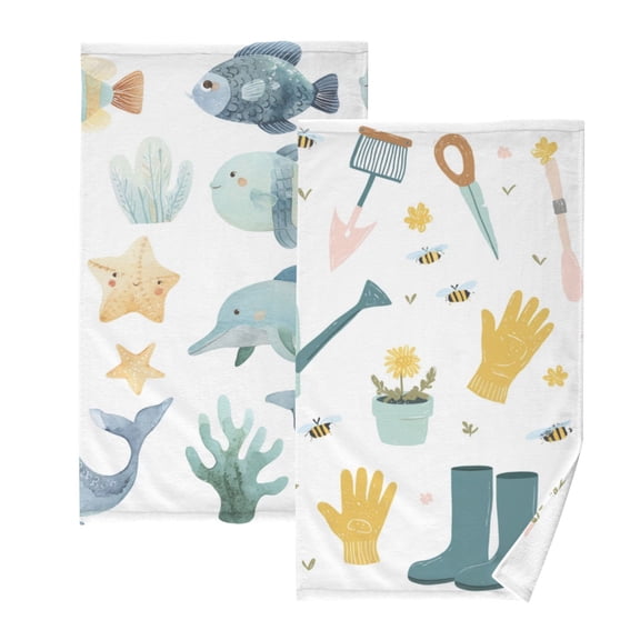2-Pack Soft 100% Cotton & Highly Absorbent Bath Towel 2 Defferent Pattern Designs Hand-drawn Elements Gardening Tools