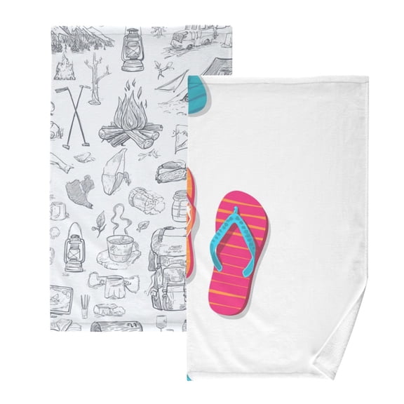 2-Pack Soft 100% Cotton & Highly Absorbent Bath Towel 2 Defferent Pattern Designs Hiking and Nature Elements Flip Flops