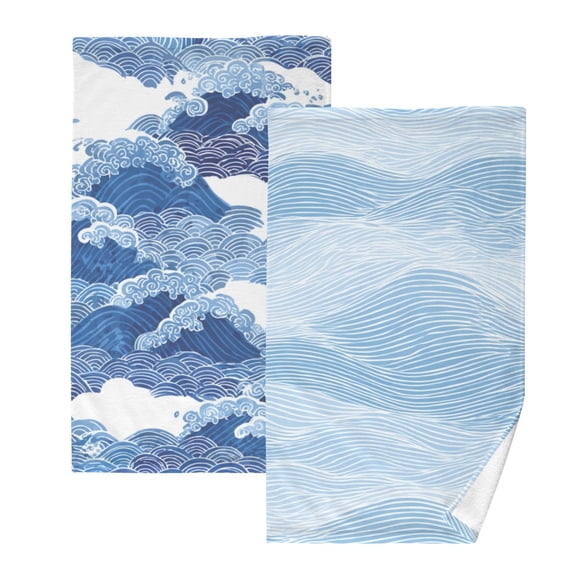 2-Pack Soft 100% Cotton & Highly Absorbent Bath Towel 2 Defferent Pattern Designs Pattern with Blue Waves Blue and White Pattern