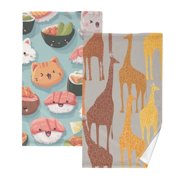 2-Pack Soft 100% Cotton & Highly Absorbent Bath Towel 2 Defferent Pattern Designs Sashimi Giraffe