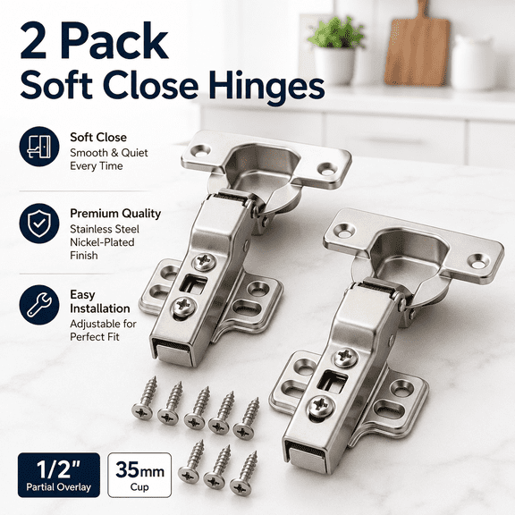2 Pack Soft Close Cabinet Door Hinges, 1/2 Inch Partial Overlay Concealed Cupboard Hinges, 35mm Cup Stainless Steel Nickel Plated Kitchen Cabinet Hinges with Mounting Screws and Manual