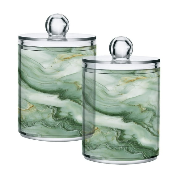 2 Pack Soft Green Marble Qtip Holder Dispenser Clear Plastic Storage Apothecary Jars for Cotton Swabs Balls Pads Floss
