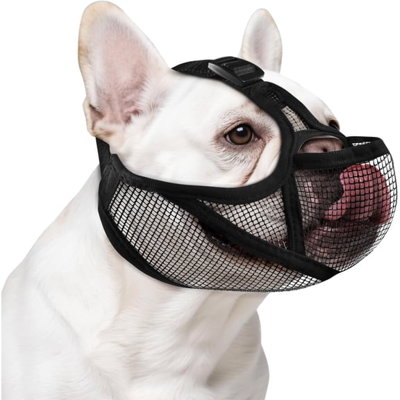 2Pack Soft Mesh Dog Muzzle for ShortNose Breeds Allows Tongue Extension & Panting, Open Eye Hole Design for French Bulldogs, Pugs, and Boston Terriers (Size M, Black)