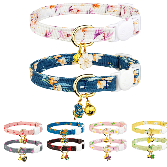2 Pack Soft Polyester Cat Collar, Breakaway Safety Kitten Collar, Patterned Cute Cat Collar with Bell Charm, Multi Color Selection Safe Cat Collar Breakaway for Adult Cats Kittens-E