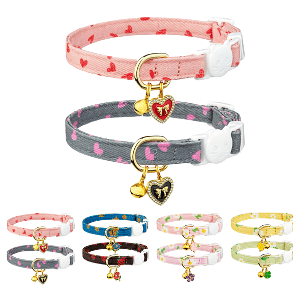 2 Pack Soft Polyester Cat Collar, Breakaway Safety Kitten Collar, Patterned Cute Cat Collar with Bell Charm, Multi Color Selection Safe Cat Collar Breakaway for Adult Cats Kittens-A