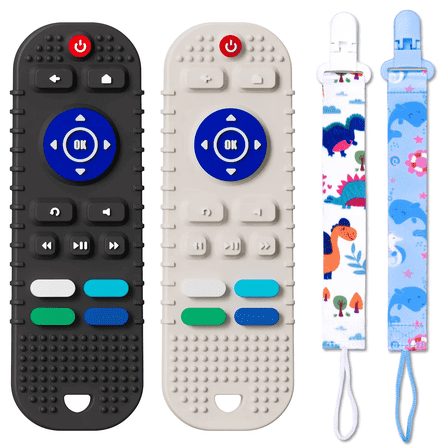 2 Pack Soft Silicone Baby Teething Toys for Toddlers,Teething Toys for Babies 6-12 Months - Boys Girls Baby Chew Toys Set,Remote Control Shape Teething Toys Gift（Black+Grey）