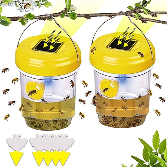 2 Pack Solar Bee Traps for Outside, Wasp Traps Outdoor Hanging with LED, Reusable Carpenter Bee Catcher, Hornet Trap for Garden Yard Deck