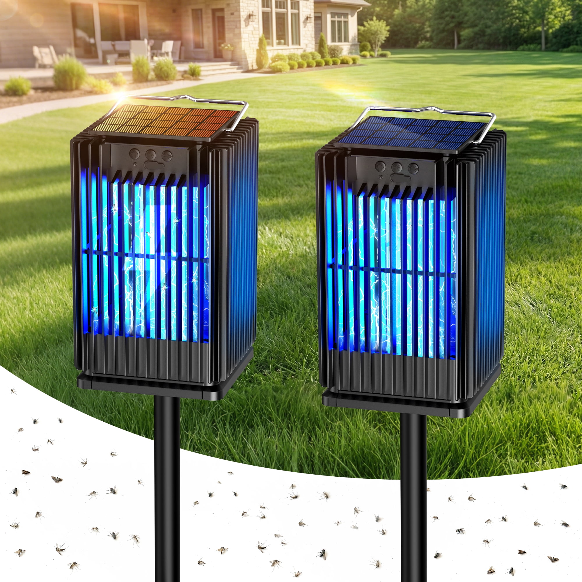 2 Pack Solar Bug Zapper Outdoor, 4200V Electric Mosquito Zapper with USB-C Rechargeable, Waterproof Auto On/Off Fly Trap, Cordless Insect Killer for Patio Backyard Garden Camping, Black