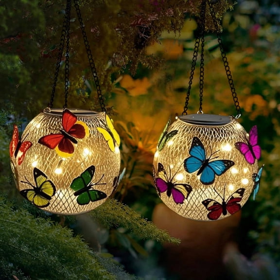 2 Pack Solar Butterfly Hanging Lanterns Waterproof Color Changing & Warm White LED Outdoor Decor Lights for Patio Garden Yard Pathway Balcony Porch Backyard