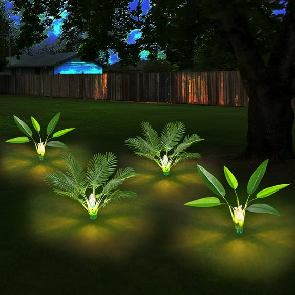 2-Pack Solar Christmas Tree Lights Outdoor, 25" Prelit Artificial Palm & Banana Plants with 8 Lighting Modes, Pathway Spike for Yard, Patio, Garden Xmas Decor