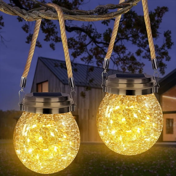2 Pack Solar Crackle Glass Ball Lanterns 30 Warm White LED Waterproof Outdoor Hanging Lights for Patio Yard Garden Pathway Decor RLB