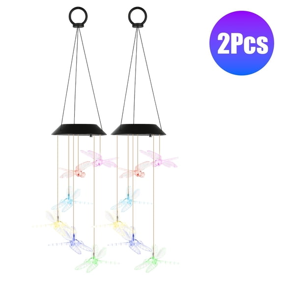 2 Pack Solar Dragonfly Wind Chimes IPX4 Waterproof 7 Color Changing LED Outdoor Garden Hanging Decor