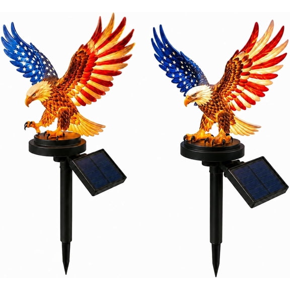 2 Pack Solar Eagle Garden Stake Lights, Patriotic American Flag Bald Eagle Solar Lights, Outdoor Waterproof Garden Decor for 4th of July Memorial Day America 250th Anniversary, Style A+B