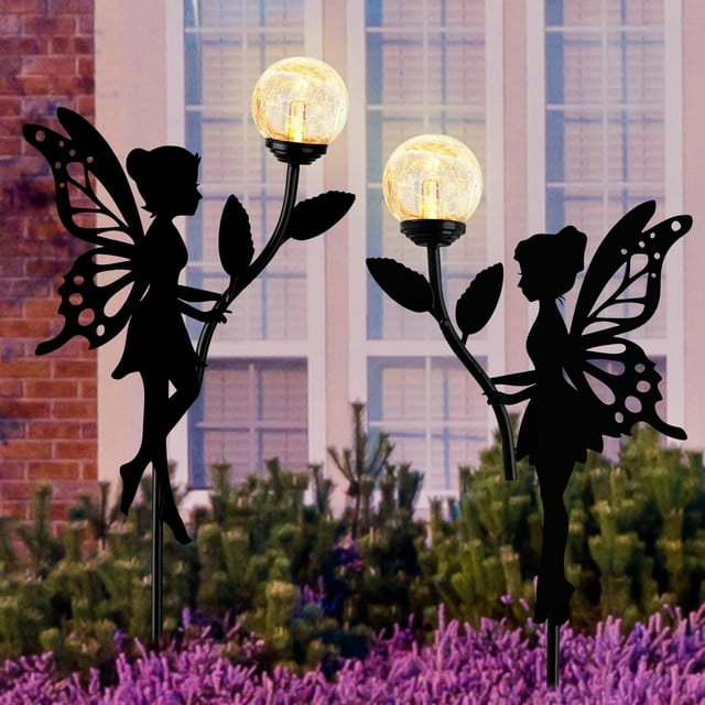 2 Pack Solar Fairy Garden Decor, Metal Fairy Statues with Crackle Glass ...