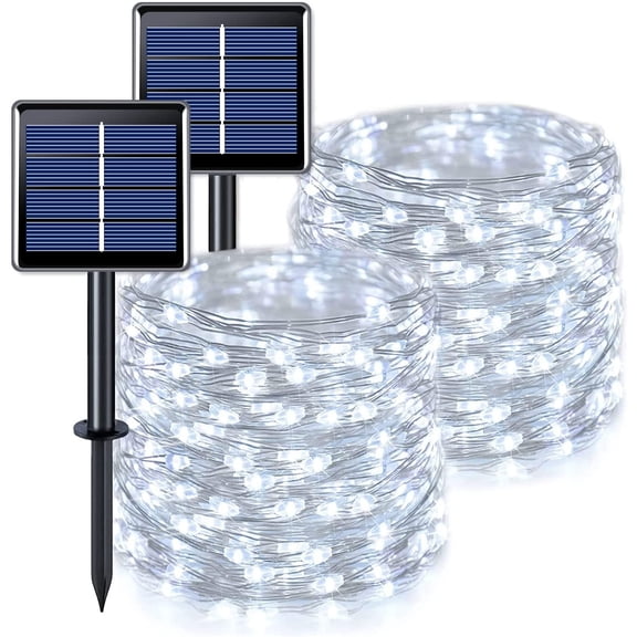 2 Pack Solar Fairy Lights Outdoor 33ft 100 LED Solar Powered Copper Wire Lights 8 Modes Waterproof for Garden Tree Patio Wedding Party Decor,Cool White