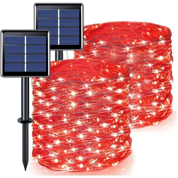 2 Pack Solar Fairy Lights Outdoor 33ft 100 LED Solar Powered Copper Wire Lights 8 Modes Waterproof for Garden Tree Patio Wedding Party Decor,Red