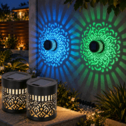 Kidsjoy 2 Pack Color Changing Solar Mandala Lights, Waterproof Metal Solar Wall Lights with Projection, Decorative Outdoor Lights for Fence Garden Patio Yard Deck