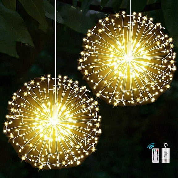 2 Pack Solar Firework Lights 200 LED Solar Garden Dandelion Christmas Lights Lights, 8 Lighting Modes Solar Starburst Lights with Remote for Outdoor Pathway Flowerbed Party Decorations (Warm White)