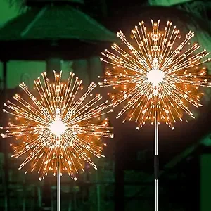 2 Pack Solar Firework Lights Outdoor, 120LED Starburst Garden Lights with 8 Modes, Waterproof Decorative Landscape Lights for Backyard Patio Lawn,1 Orange + 1 Purple
