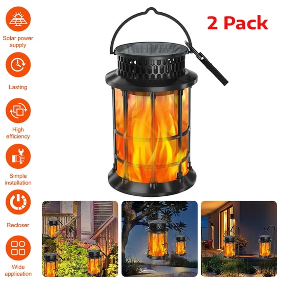 2 Pack Solar Flame Lantern Outdoor Hanging Light, Auto On/Off IP65 Waterproof Metal Solar Powered Flickering Dancing Flame Lamp for Garden Patio Yard Pathway Holiday Decor