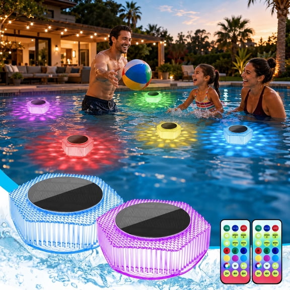 2 Pack Solar Floating Pool Lights RGB Color Changing IP68 Waterproof Pool Lights Solar Powered Outdoor Remote Control Floating LED Lights for Pool Pond Lawn Garden Decor