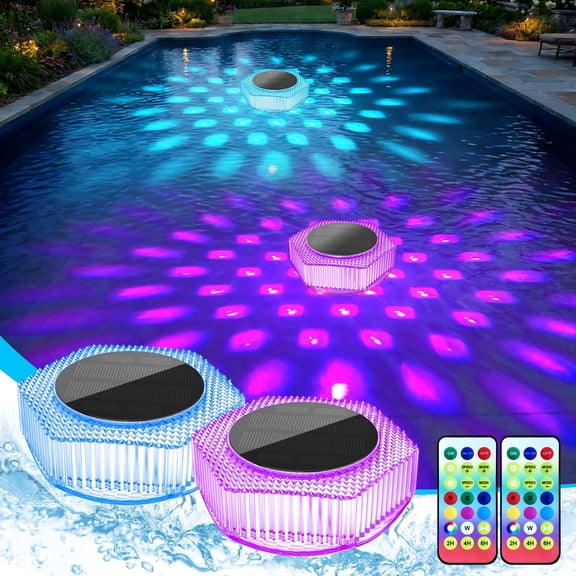 2 Pack Solar Floating Pool Lights RGB Color Changing IP68 Waterproof Pool Lights Solar Powered Outdoor Remote Control Floating LED Lights for Pool Pond Lawn Garden Decor