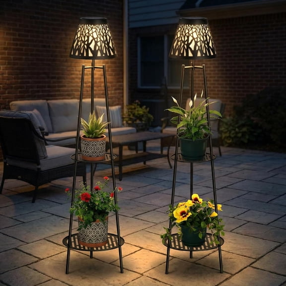2 Pack Solar Floor Lamp with 2 Tier Plant Stand and Waterproof LED Lantern