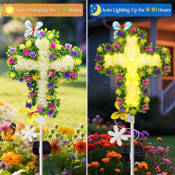 2 Pack Solar Flower Cross for Cemetery Grave, Grave Decorations for Cemetery Solar Crosses, Sympathy Memorial Gifts, for Christmas Garden Lawn Yard Decor