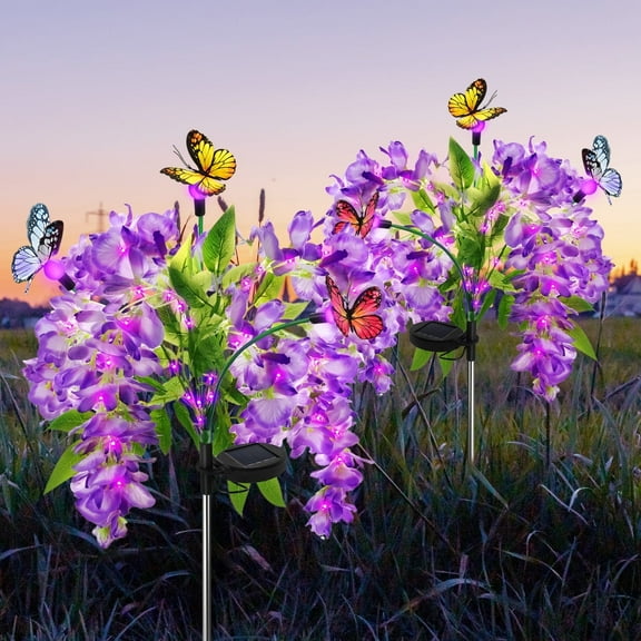 2 Pack Solar Garden Lights, Each 4 Wisteria Flowers and 3 Butterfly lED Lights,Swaying With The Wind,Solar Outdoor Lights,Courtyard Channel Decoration