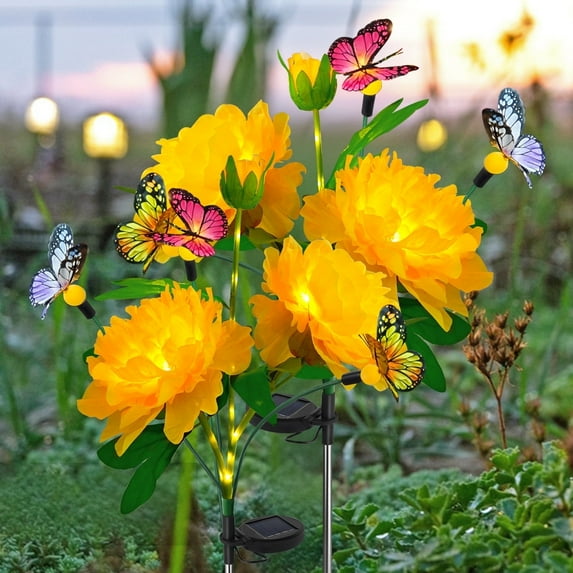 2 Pack Solar Garden Lights, Each 3 Peony Flowers and 3 Butterfly lED Lights,Swaying With The Wind,Solar Outdoor Lights,Courtyard Channel Decoration