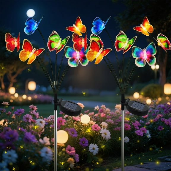 Rirool 2 Pack Solar Garden Lights, Multi-Color Butterfly Swaying Outdoor Waterproof LED Lighting for Yard, Pathway, Lawn and Patio Dcor