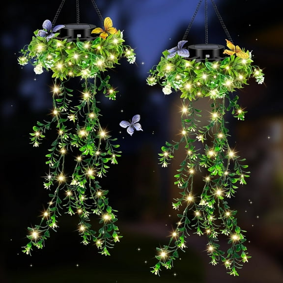 2 Pack Solar Hanging Garden Lights, 66 LED Butterfly & Flower Decor, IP65 Waterproof Outdoor Patio Lights for Party, Camping, Poolside & Wedding, Perfect Gifts for Mom, Grandma and Daughter