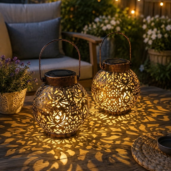 2 Pack Solar Hanging Lantern Lights, Metal Outdoor Decorative Lamp, Bronze | Perfect for Gardens, Patios, Courtyards, Lawns & Tabletops